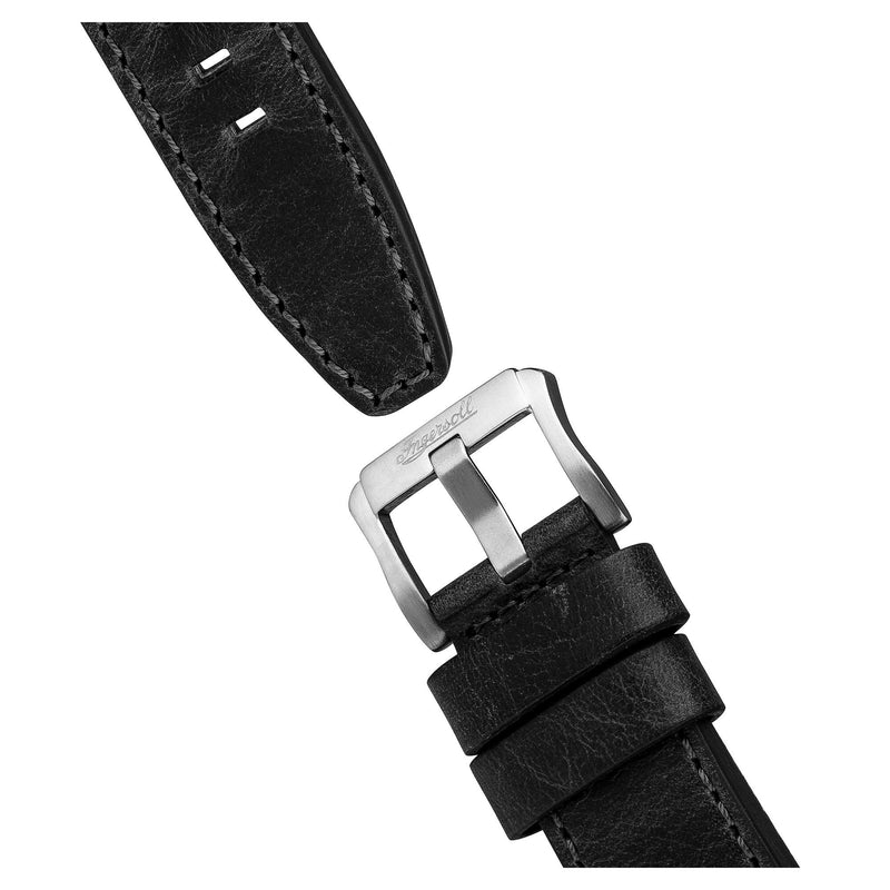 Black leather watch strap with a silver buckle.