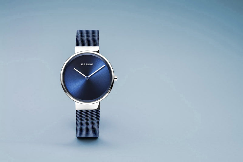 Bering Classic Brushed Silver Blue Mesh Watch