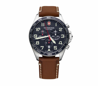 Victorinox Swiss Army wristwatch with a brown leather strap and black dial.