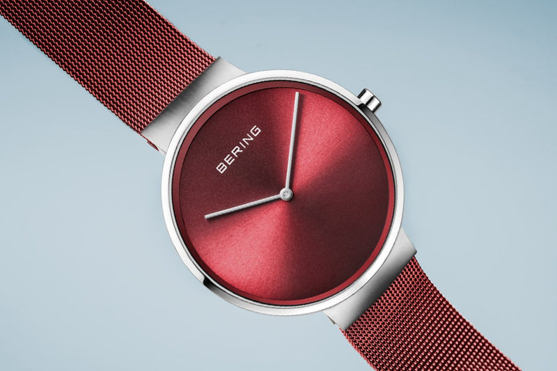 Bering Classic Brushed Silver Red Mesh Watch