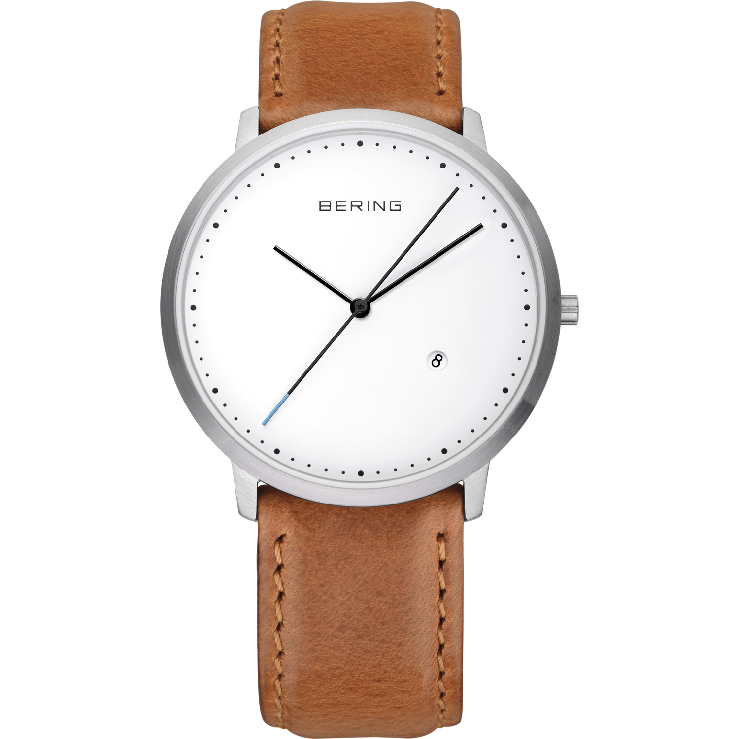 Minimalist wristwatch with a white face, silver case, and brown leather strap.