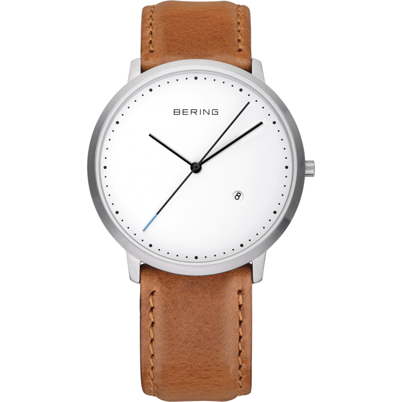 Minimalist wristwatch with a white face, silver case, and brown leather strap.