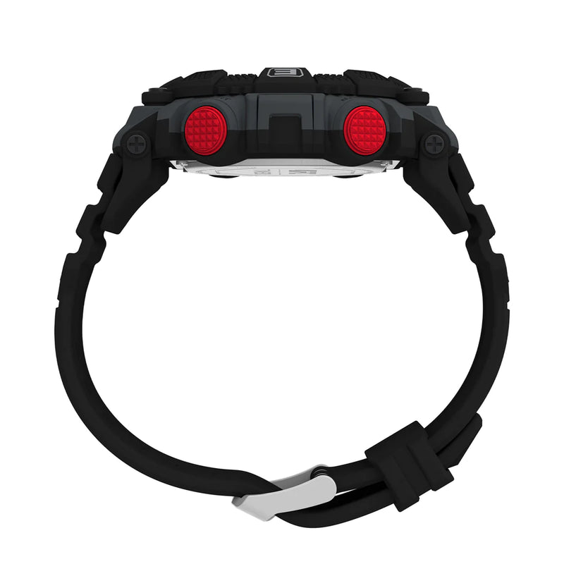 Black digital wristwatch with red circular buttons on the sides.