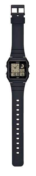 Digital wristwatch with a square face and black band.