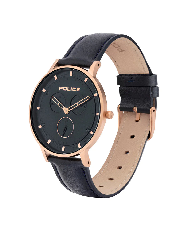 Elegant wristwatch with a black leather strap and rose gold-toned case featuring the Police brand.