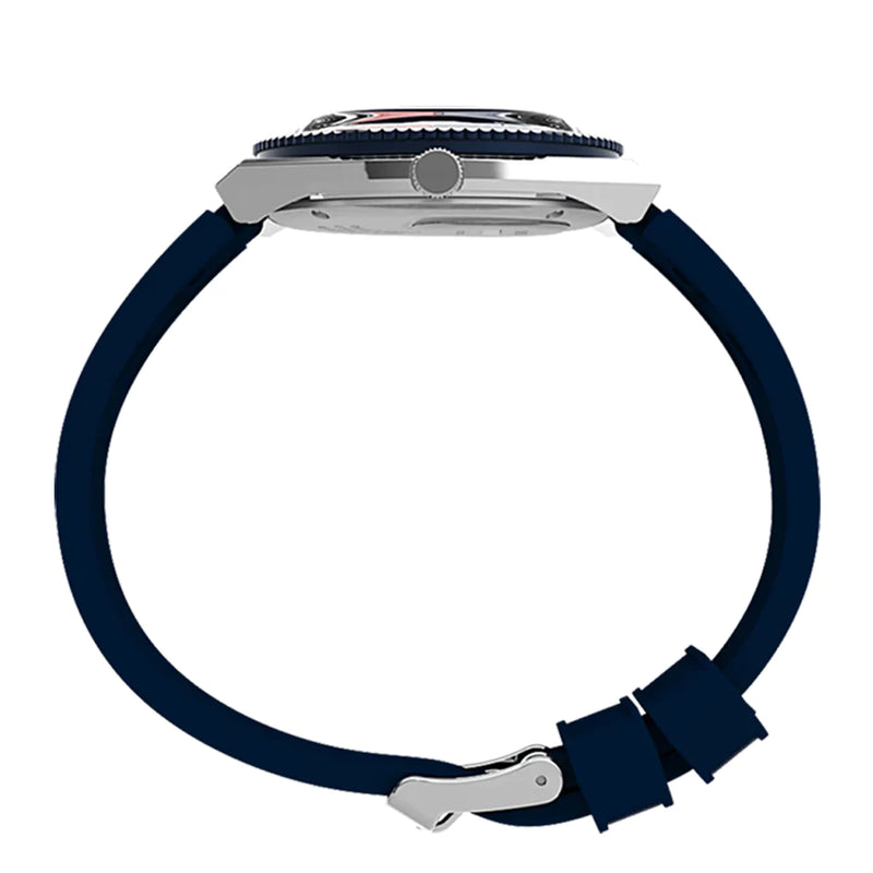 Wristwatch with a navy blue strap and silver case.