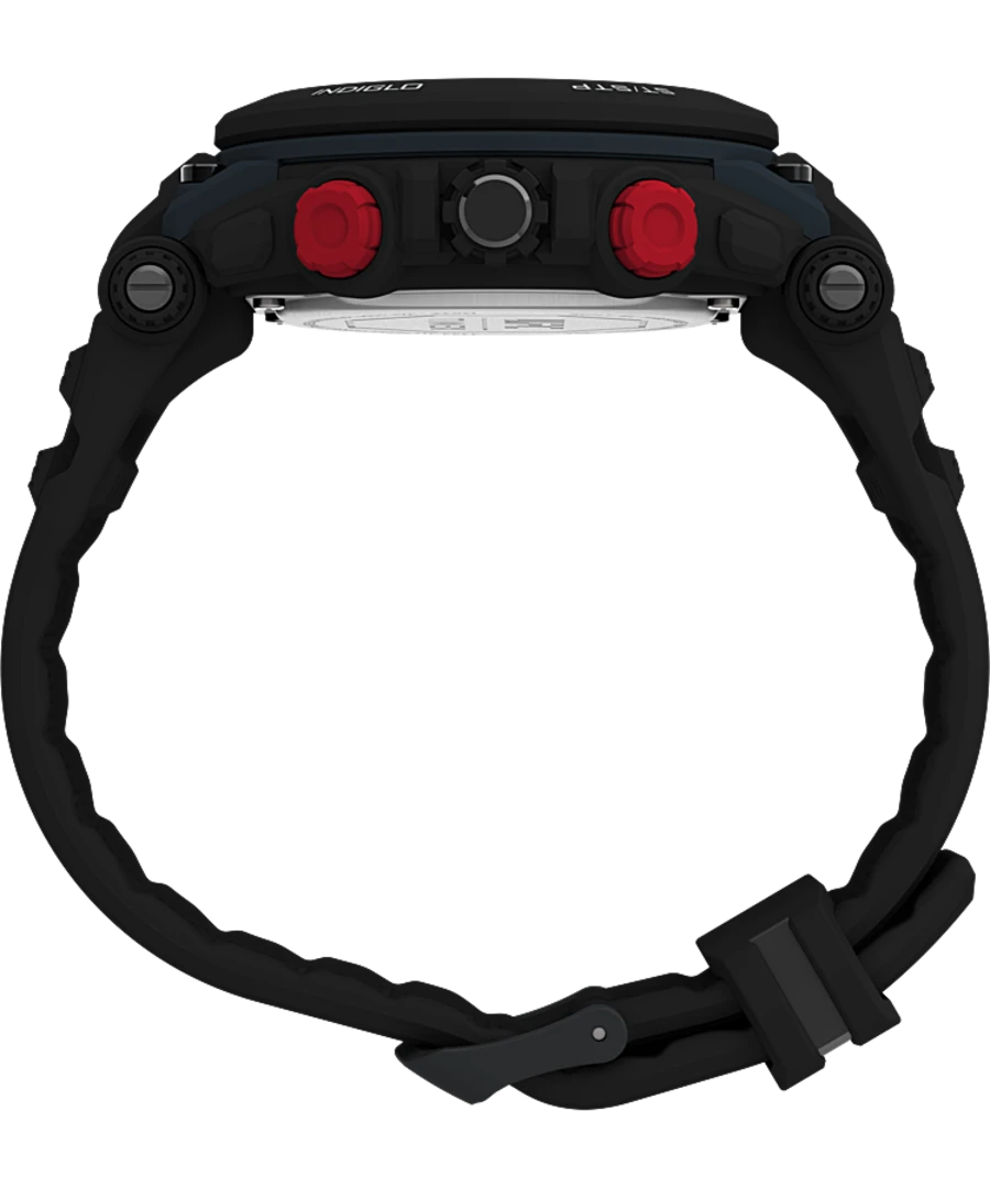Black digital sports watch with red buttons and a rugged design.