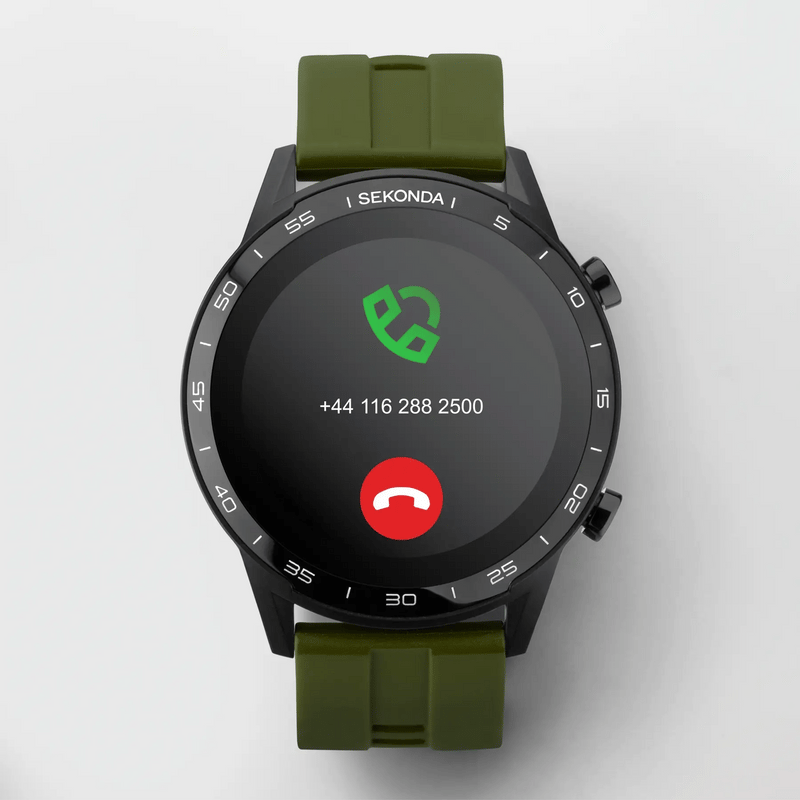 Smartwatch with a green strap and black face displaying an incoming call screen.