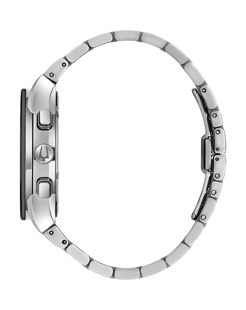 Silver wristwatch with a metal link band and multiple side buttons.