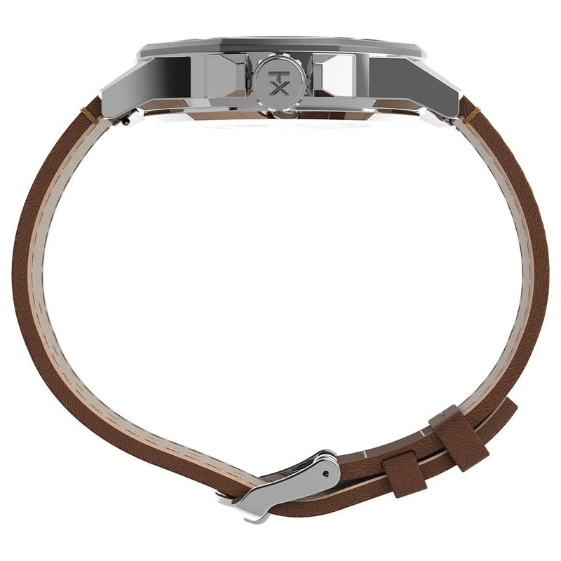Wristwatch with a brown leather strap and silver-toned metal case.