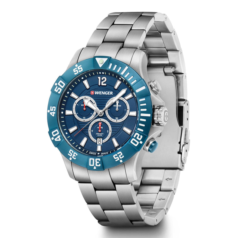 Stainless steel wristwatch with a blue dial and turquoise bezel.