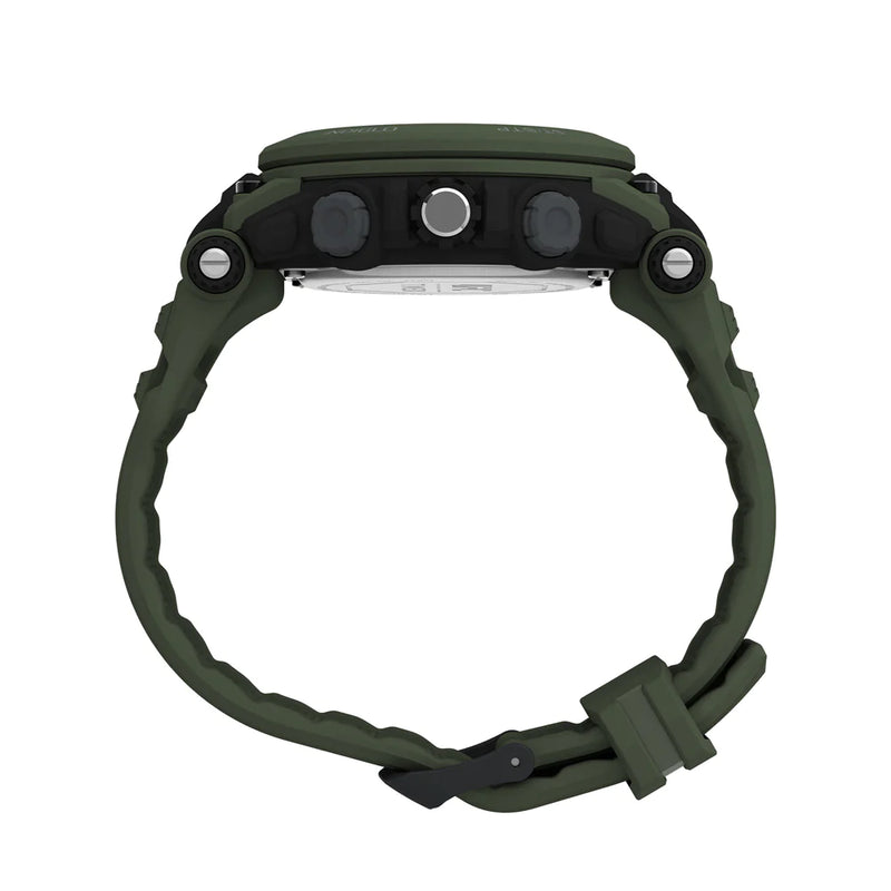 Military-style digital wristwatch with a green rubber strap.