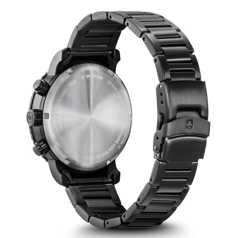 Black metal wristwatch with a circular face and linked band.