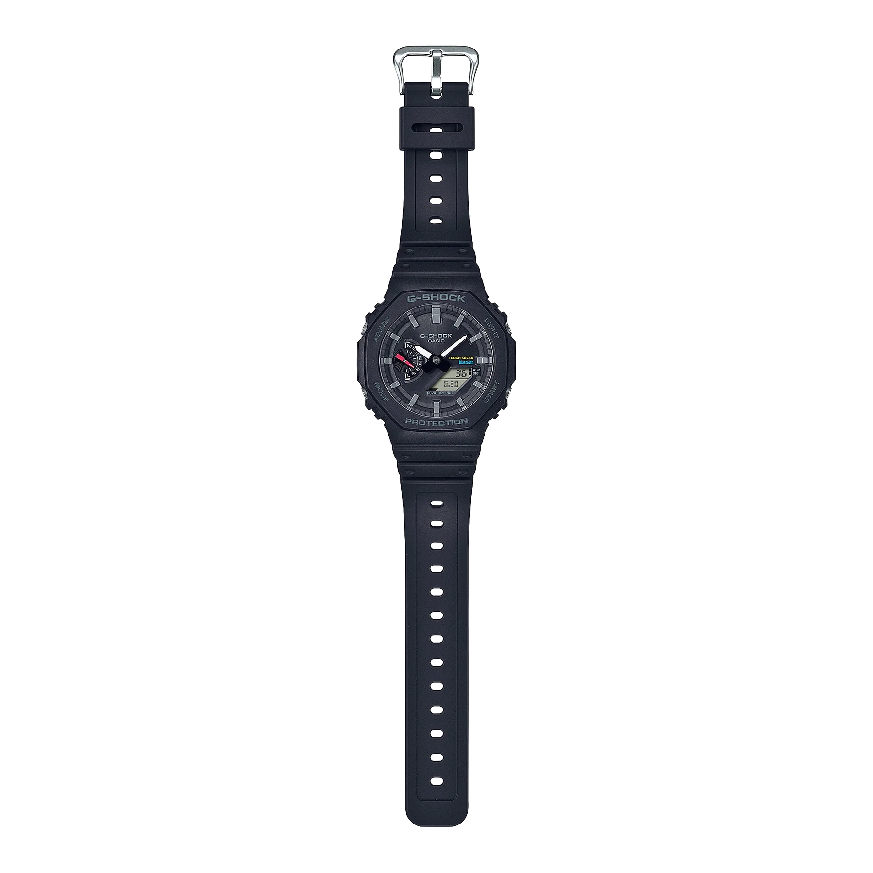 Black digital sports watch with a round face and rubber strap.