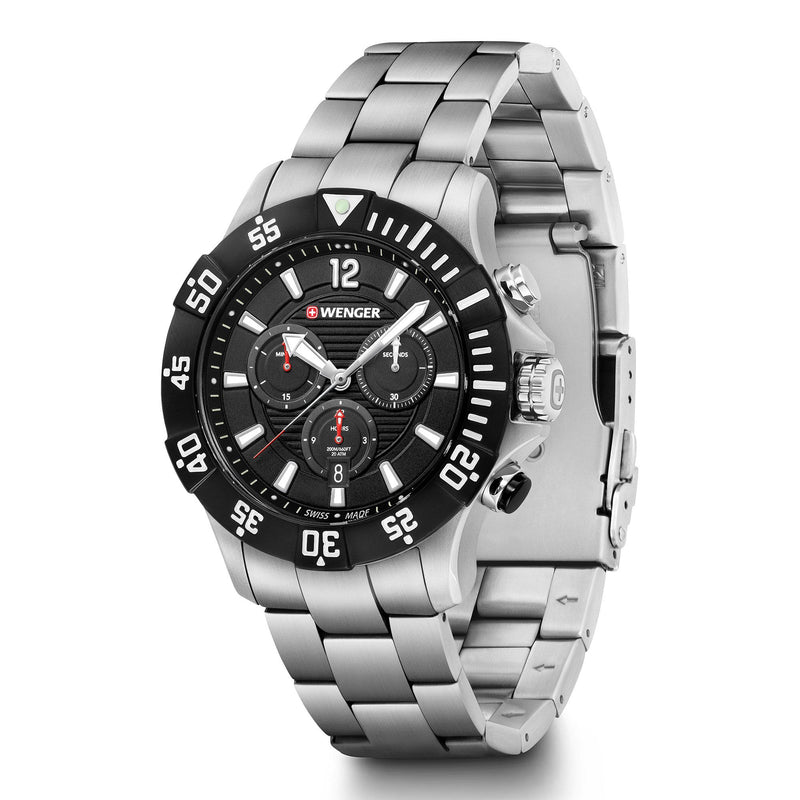 Stainless steel chronograph wristwatch with a black dial and rotating bezel.