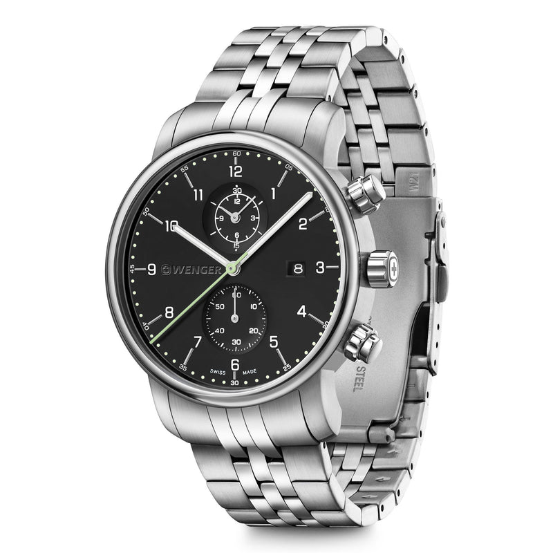 Stainless steel chronograph wristwatch with a black dial and silver bracelet.