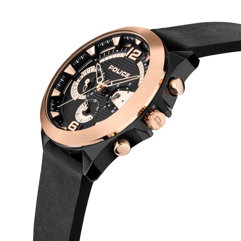 Stylish wristwatch with a black and rose gold color scheme featuring a chronograph design.