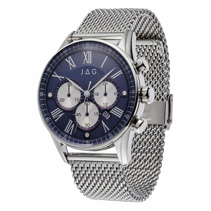 Stylish silver wristwatch with a blue dial and mesh metal band.