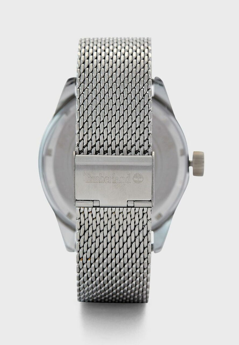Stainless steel wristwatch with a mesh band and round face.