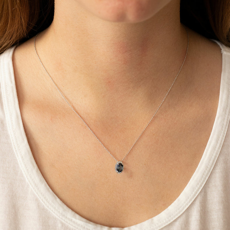 London Blue Topaz Necklace With 0.05ct Diamonds In 9K White Gold