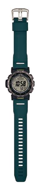 Digital sports watch with a teal-colored strap and round display face.