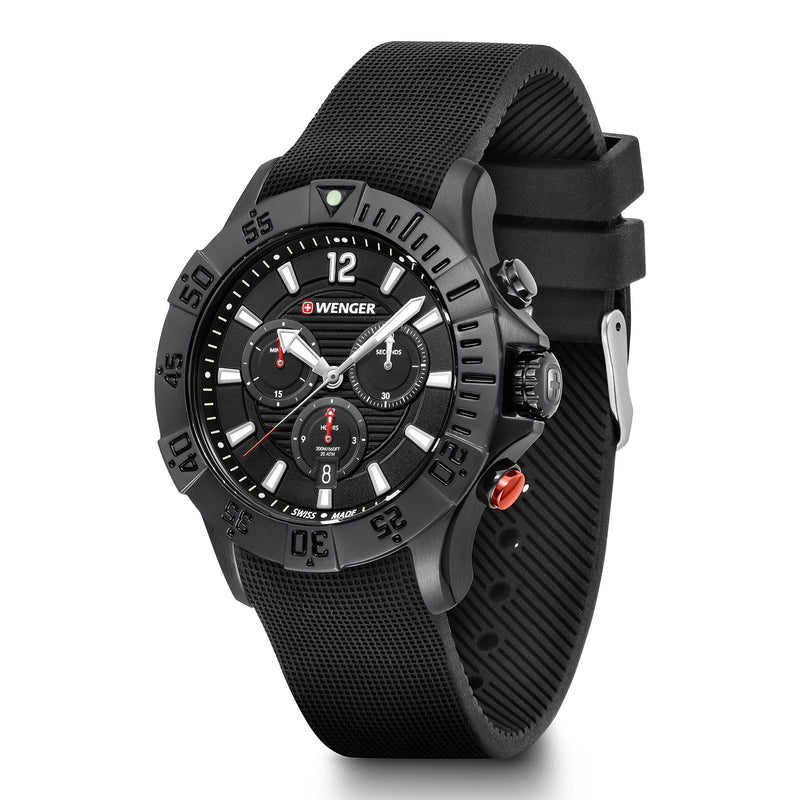 Black sports watch with a textured rubber strap and chronograph features.