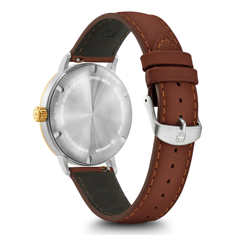 Wristwatch with a brown leather strap and silver-gold two-tone case.