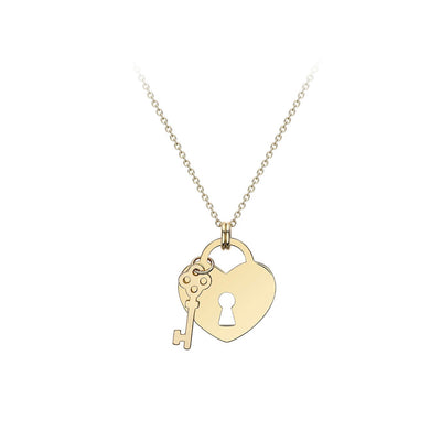 9K Yellow Gold Heart Solid Padlock and Key Necklace 41-43cm