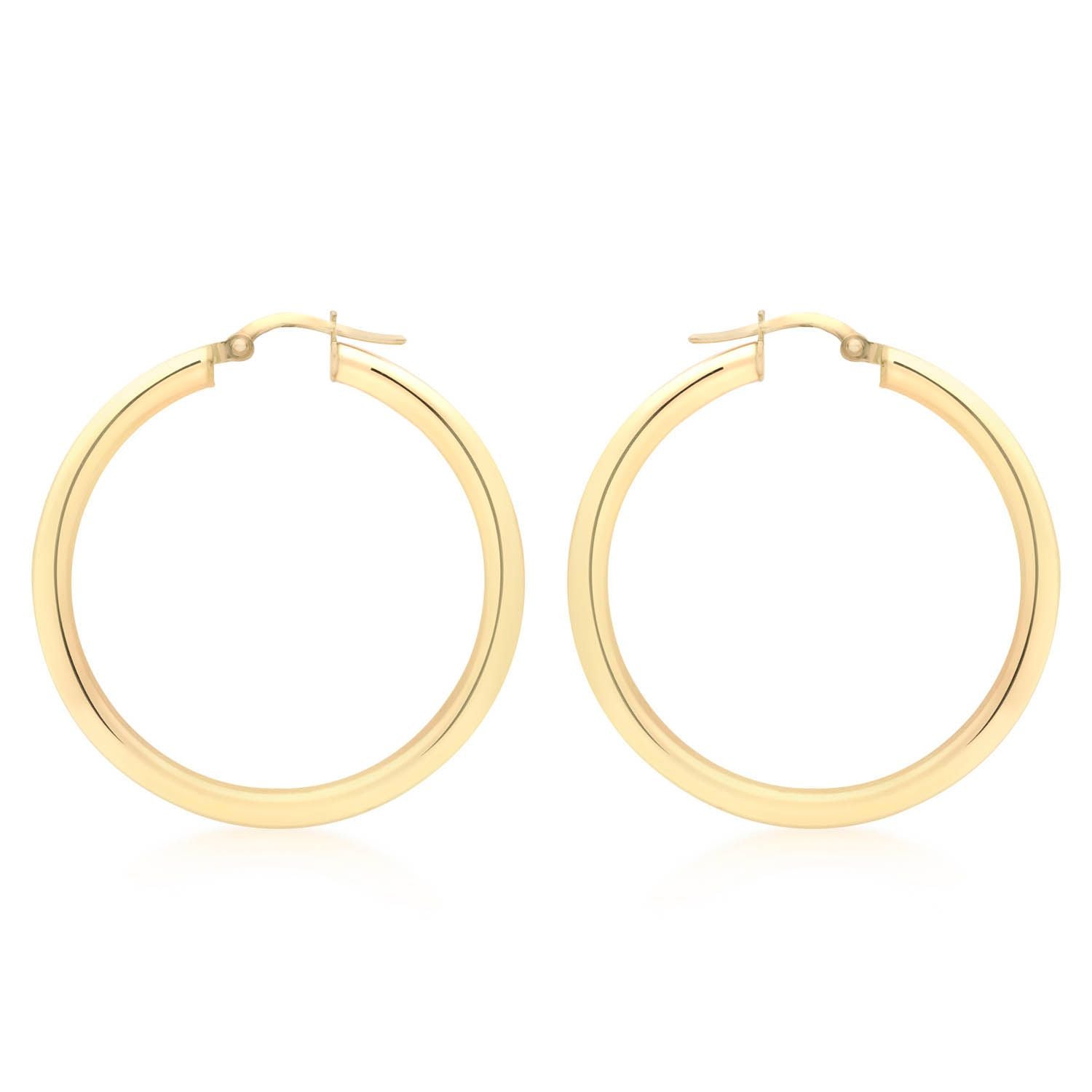 9K Yellow Gold 3mm Round Hollow Hoop Earrings 35mm