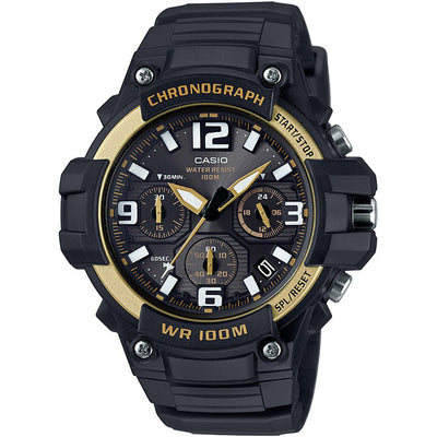 Rugged black and gold Casio chronograph wristwatch with multiple dials.