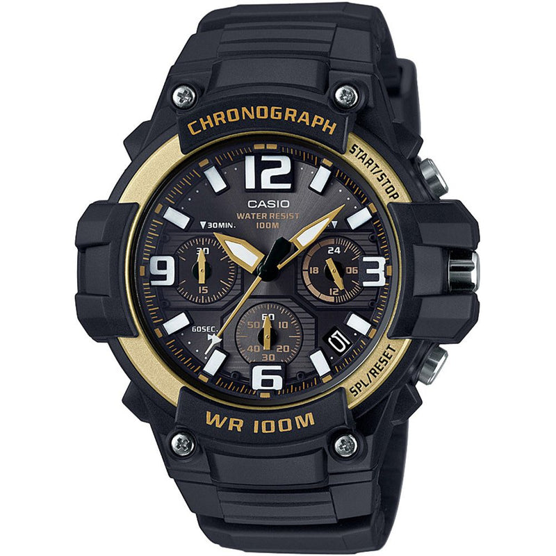 Rugged black and gold Casio chronograph wristwatch with multiple dials.