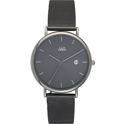 Sleek wristwatch with a dark gray face and mesh metal band.