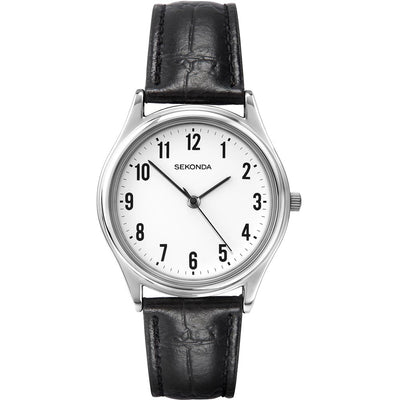 Classic analog wristwatch with a white dial, black leather strap, and silver-toned case.