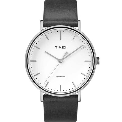 Timex wristwatch with a white dial and black leather strap.