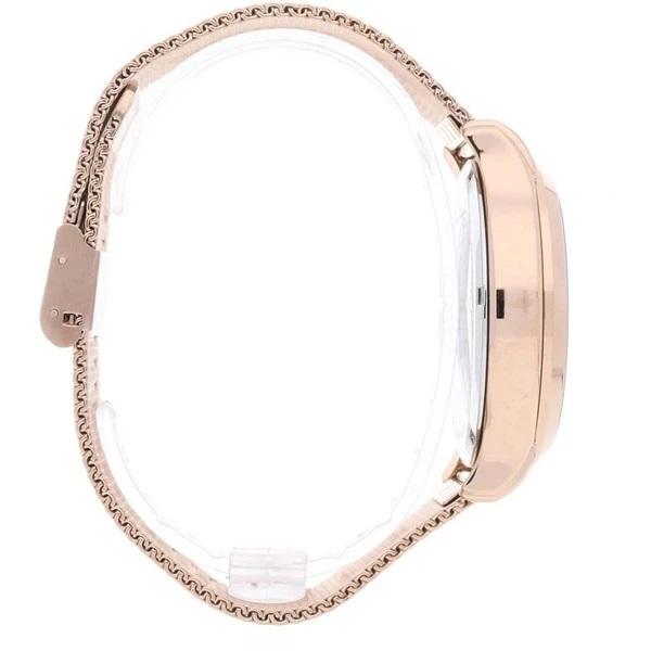 Rose gold wristwatch with a mesh metal band.