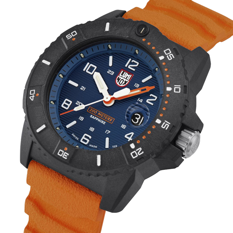 Rugged sports watch with a black case, blue dial, and orange rubber strap.
