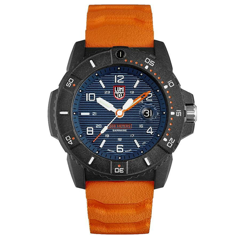 Rugged sports watch with a blue dial, black case, and bright orange strap.