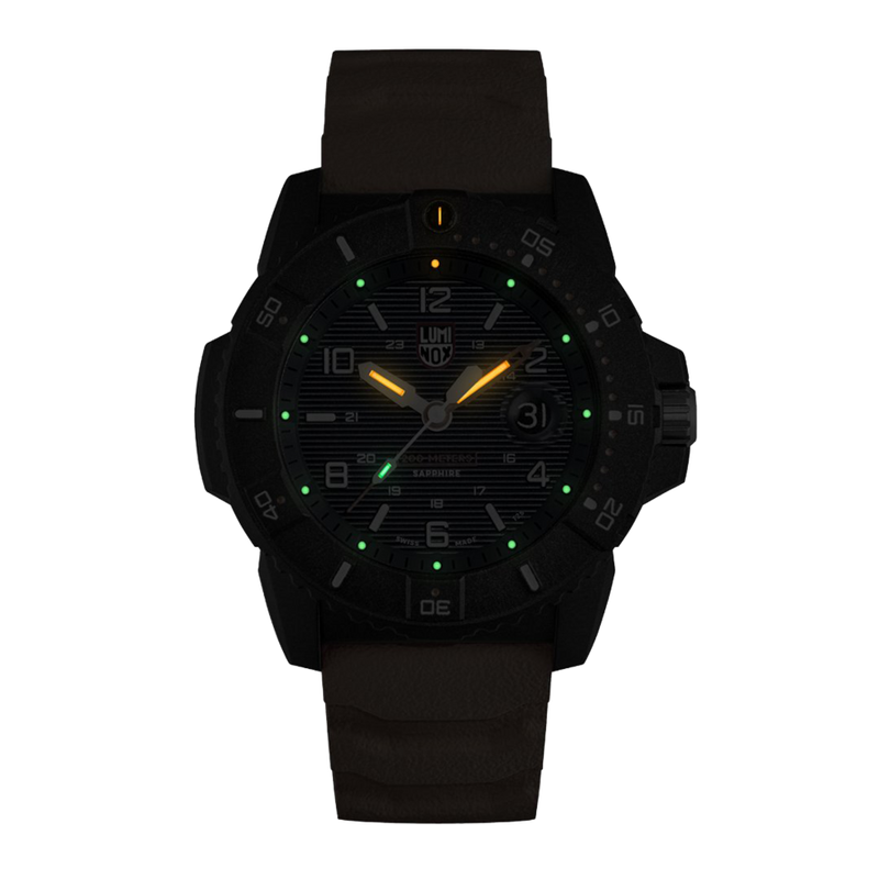 Black tactical wristwatch with luminous markers on the dial.