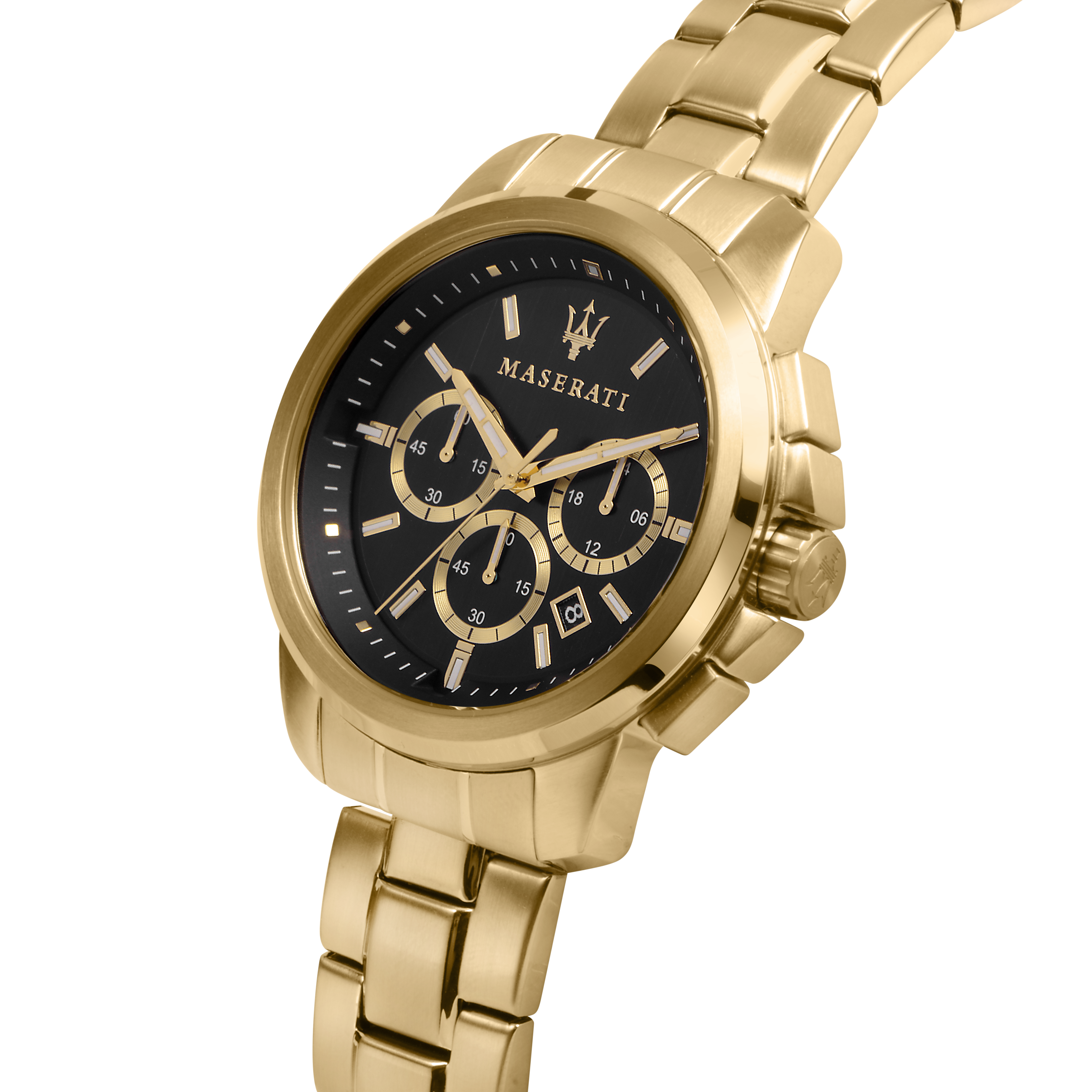 Gold-toned Maserati wristwatch with a black dial and chronograph subdials.