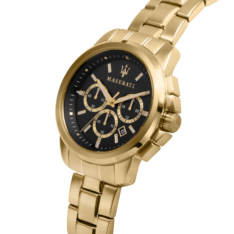 Gold-toned Maserati wristwatch with a black dial and chronograph subdials.