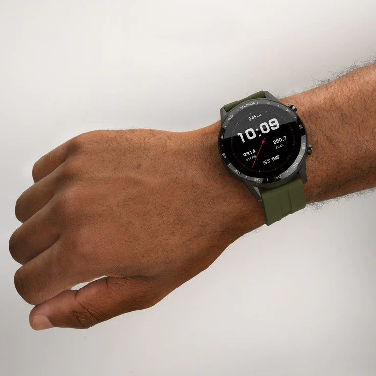 Smartwatch with a digital display showing the time 10:09 worn on a wrist.