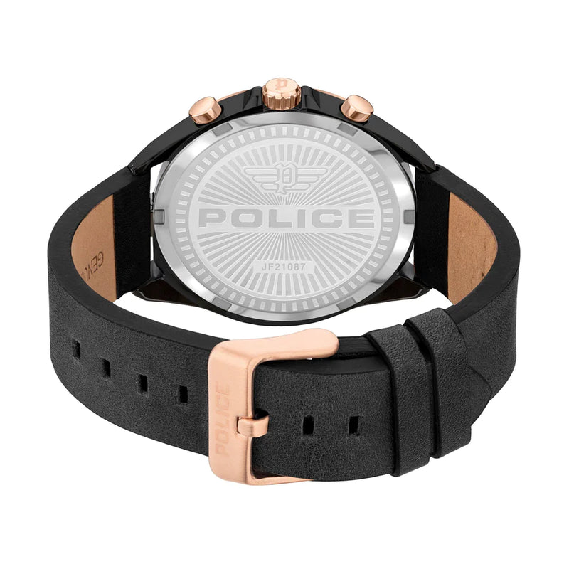 Black wristwatch with rose gold accents and a leather strap.