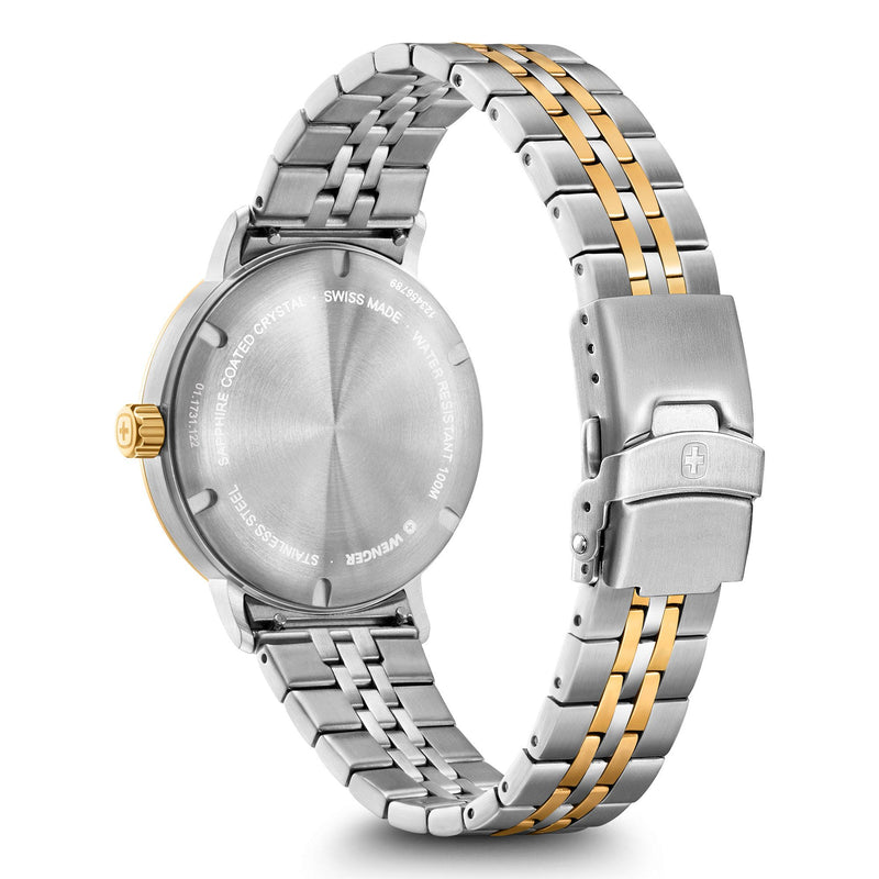 Wristwatch with a two-tone metal bracelet and silver dial.