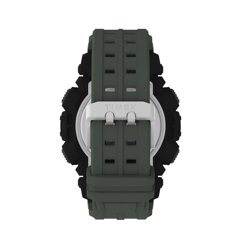 Watch strap or band with a green rubber or silicone material and a silver buckle.