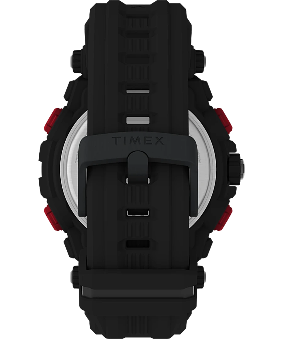 Black digital sports watch with red accents and a rugged design.