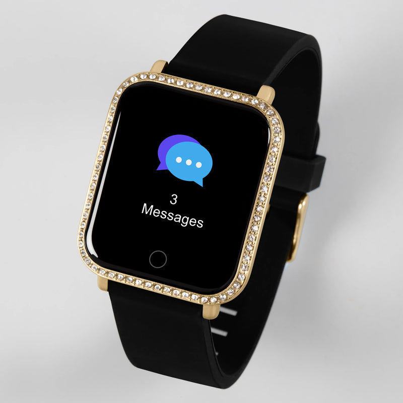 Luxury smartwatch with a gold diamond-encrusted bezel and black band displaying a messages icon on its screen.