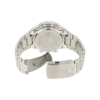 Stainless steel wristwatch with a metal bracelet and chronograph subdials.