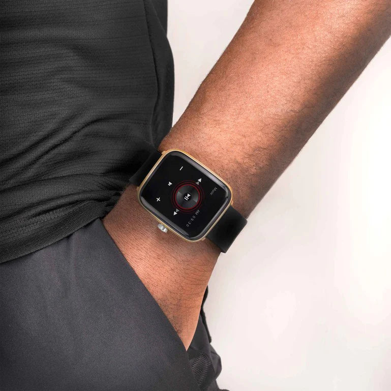 Smartwatch with a square display worn on a person’s wrist.