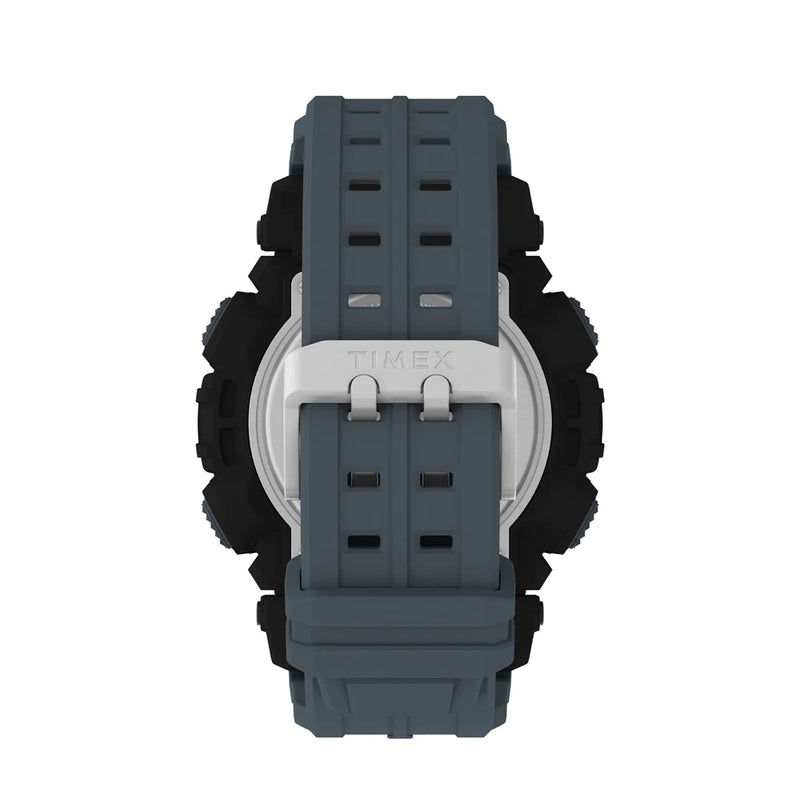 Watch strap or band made of gray rubber or silicone with a metal buckle.