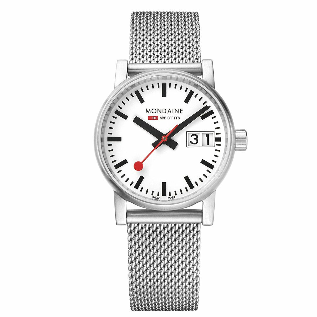 Sleek silver wristwatch with a white face, red hands, and mesh metal band.